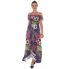 Purple Flowers Off Shoulder Open Front Chiffon Dress by goljakoff