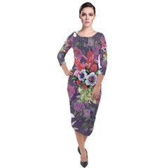 Purple Flowers Quarter Sleeve Midi Velour Bodycon Dress by goljakoff