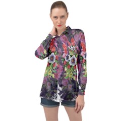 Purple Flowers Long Sleeve Satin Shirt