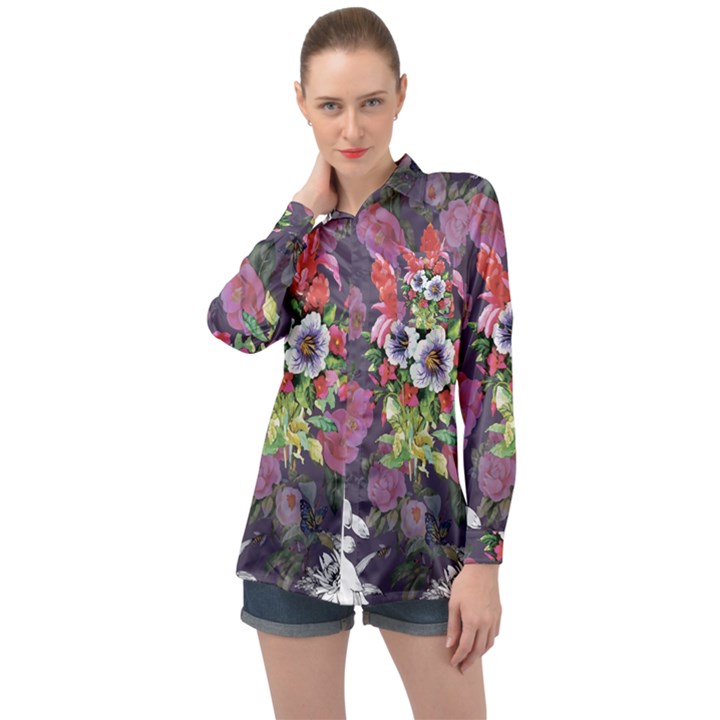 Purple flowers Long Sleeve Satin Shirt