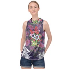 Purple Flowers High Neck Satin Top by goljakoff