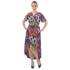 Purple Flowers Front Wrap High Low Dress by goljakoff