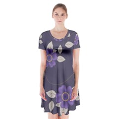 Purple Flowers Short Sleeve V-neck Flare Dress by goljakoff