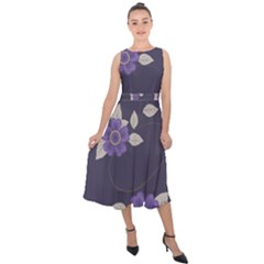 Purple Flowers Midi Tie-back Chiffon Dress by goljakoff