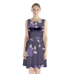 Purple Flowers Sleeveless Waist Tie Chiffon Dress by goljakoff