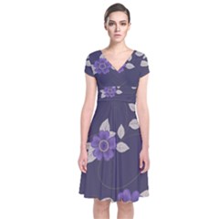 Purple Flowers Short Sleeve Front Wrap Dress