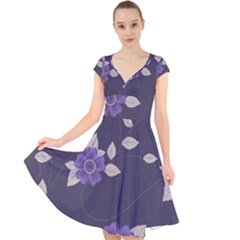 Purple Flowers Cap Sleeve Front Wrap Midi Dress by goljakoff