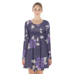 Purple Flowers Long Sleeve Velvet V-neck Dress by goljakoff