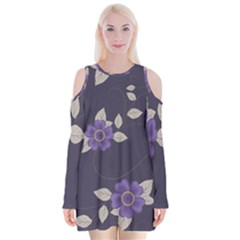 Purple Flowers Velvet Long Sleeve Shoulder Cutout Dress by goljakoff