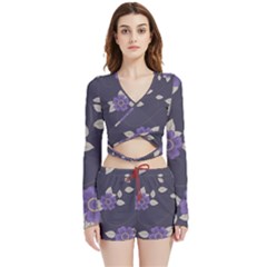 Purple Flowers Velvet Wrap Crop Top And Shorts Set by goljakoff