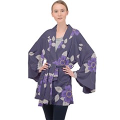 Purple Flowers Long Sleeve Velvet Kimono  by goljakoff