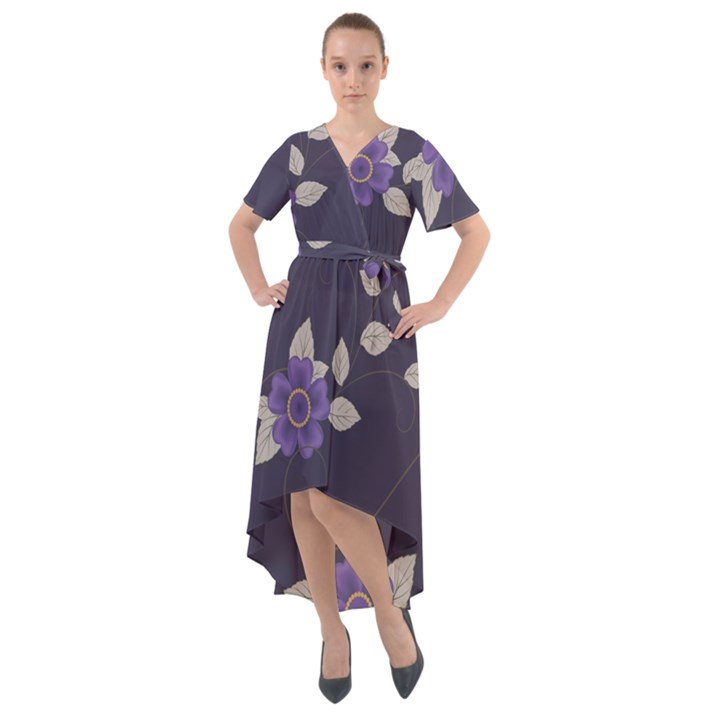 Purple flowers Front Wrap High Low Dress