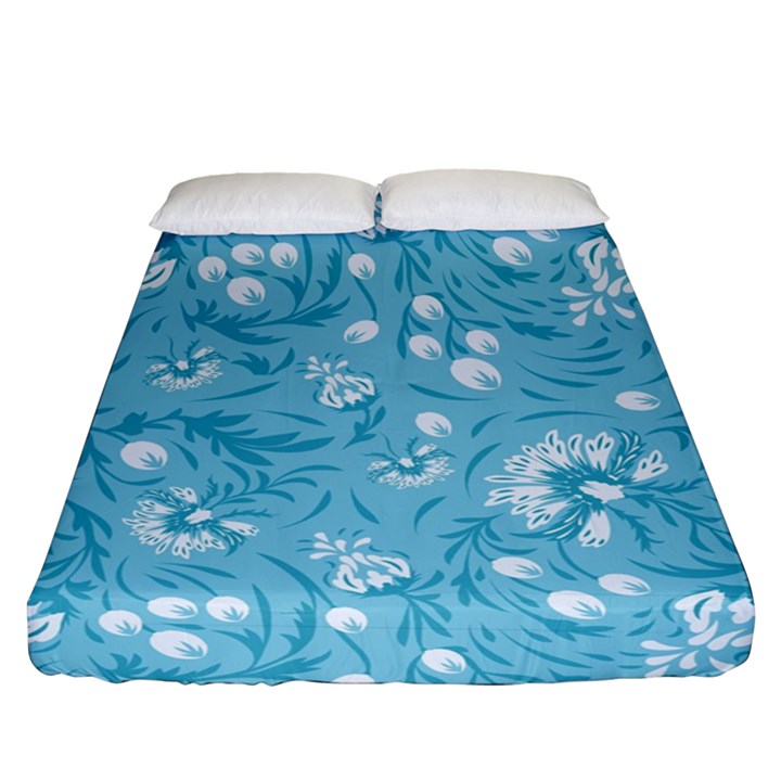 Blue white flowers Fitted Sheet (Queen Size)