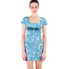 Blue White Flowers Short Sleeve Bodycon Dress by Eskimos