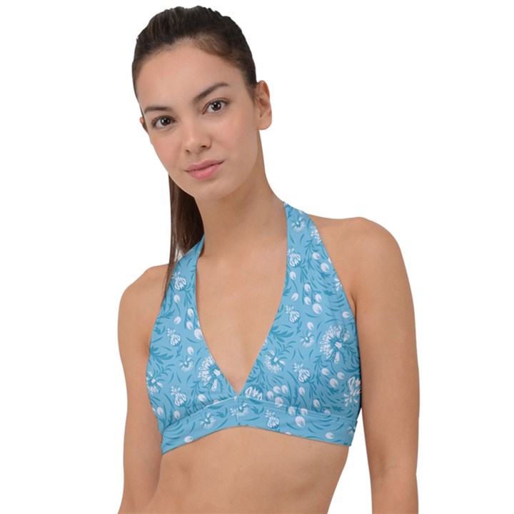 Blue white flowers Halter Plunge Bikini Top