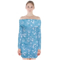 Blue White Flowers Long Sleeve Off Shoulder Dress by Eskimos