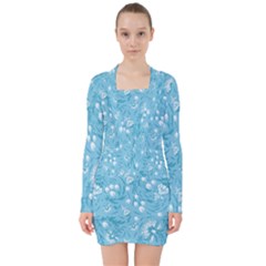 Blue White Flowers V-neck Bodycon Long Sleeve Dress by Eskimos