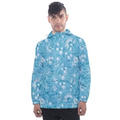 Blue White Flowers Men s Front Pocket Pullover Windbreaker by Eskimos