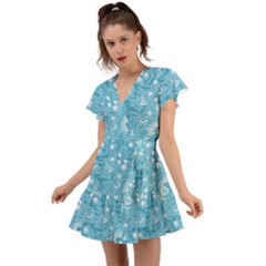 Blue White Flowers Flutter Sleeve Wrap Dress by Eskimos