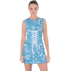 Blue White Flowers Lace Up Front Bodycon Dress by Eskimos