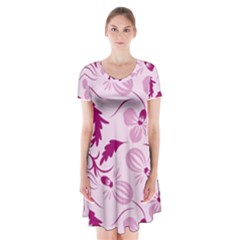 Dark Pink Flowers Short Sleeve V-neck Flare Dress by Eskimos