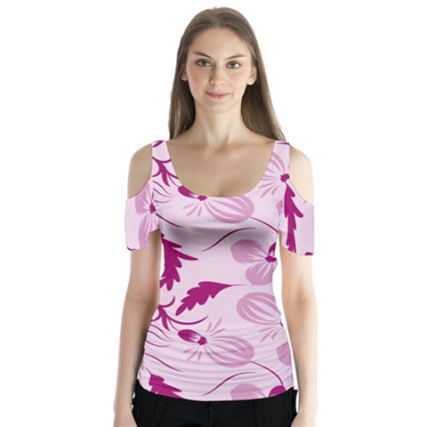 Dark Pink Flowers Butterfly Sleeve Cutout Tee  by Eskimos