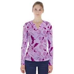 Dark Pink Flowers V-neck Long Sleeve Top by Eskimos