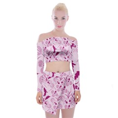 Dark Pink Flowers Off Shoulder Top With Mini Skirt Set by Eskimos