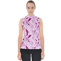 Dark Pink Flowers Mock Neck Shell Top by Eskimos