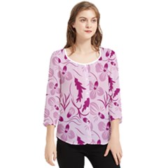 Dark Pink Flowers Chiffon Quarter Sleeve Blouse by Eskimos