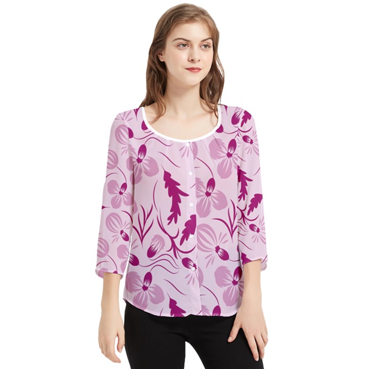 Dark pink flowers Chiffon Quarter Sleeve Blouse