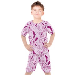 Dark Pink Flowers Kids  Tee And Shorts Set by Eskimos