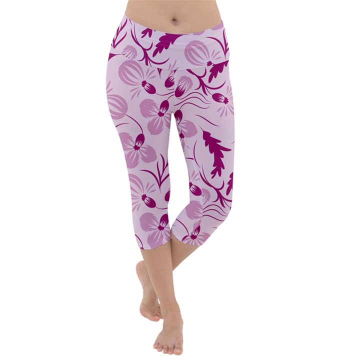 Dark pink flowers Lightweight Velour Capri Yoga Leggings