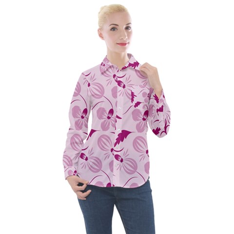 Dark Pink Flowers Women s Long Sleeve Pocket Shirt by Eskimos