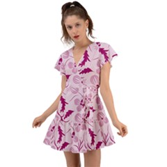 Dark Pink Flowers Flutter Sleeve Wrap Dress by Eskimos