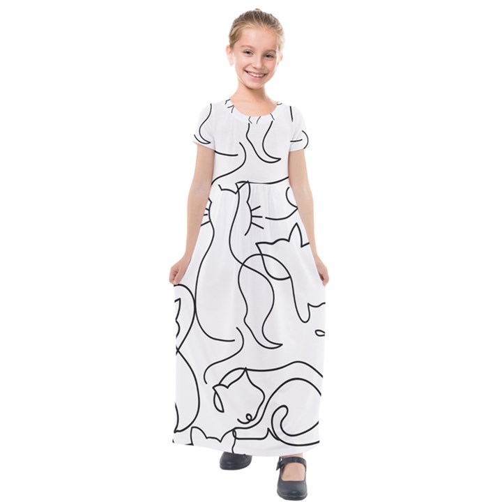 Cats line art  Kids  Short Sleeve Maxi Dress