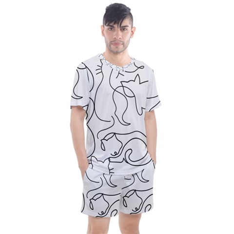 Cats Line Art  Men s Mesh Tee And Shorts Set by Sobalvarro