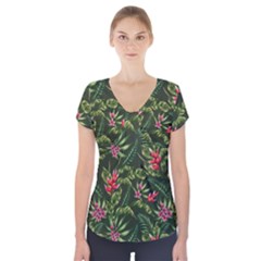 Tropical Flowers Short Sleeve Front Detail Top by goljakoff