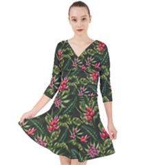 Tropical Flowers Quarter Sleeve Front Wrap Dress by goljakoff