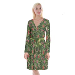 Tropical Flowers Long Sleeve Velvet Front Wrap Dress by goljakoff