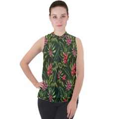 Tropical Flowers Mock Neck Chiffon Sleeveless Top by goljakoff