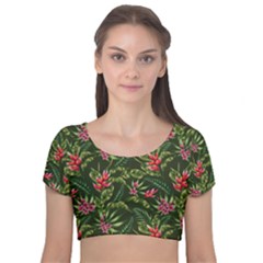 Tropical Flowers Velvet Short Sleeve Crop Top  by goljakoff