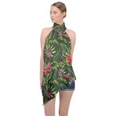 Tropical Flowers Halter Asymmetric Satin Top by goljakoff