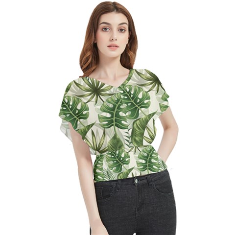 Tropical Leaves Butterfly Chiffon Blouse by goljakoff