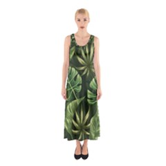 Green Tropical Leaves Sleeveless Maxi Dress by goljakoff