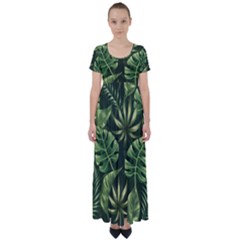 Green Tropical Leaves High Waist Short Sleeve Maxi Dress by goljakoff