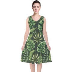 Green Tropical Leaves V-neck Midi Sleeveless Dress  by goljakoff