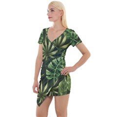 Green Tropical Leaves Short Sleeve Asymmetric Mini Dress by goljakoff