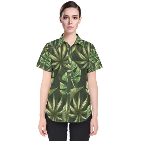 Green Tropical Leaves Women s Short Sleeve Shirt by goljakoff