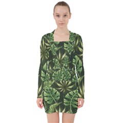 Green Tropical Leaves V-neck Bodycon Long Sleeve Dress by goljakoff